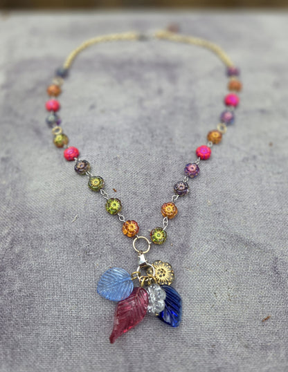 Multicolour Flower and Leaf Czech Glass Necklace