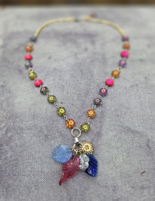 Multicolour Flower and Leaf Czech Glass Necklace