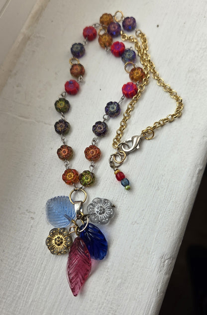 Multicolour Flower and Leaf Czech Glass Necklace