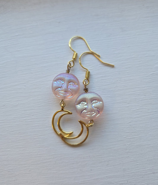 Opaline Pink Czech Glass Moon Face and Gold Crescent Moon Earrings