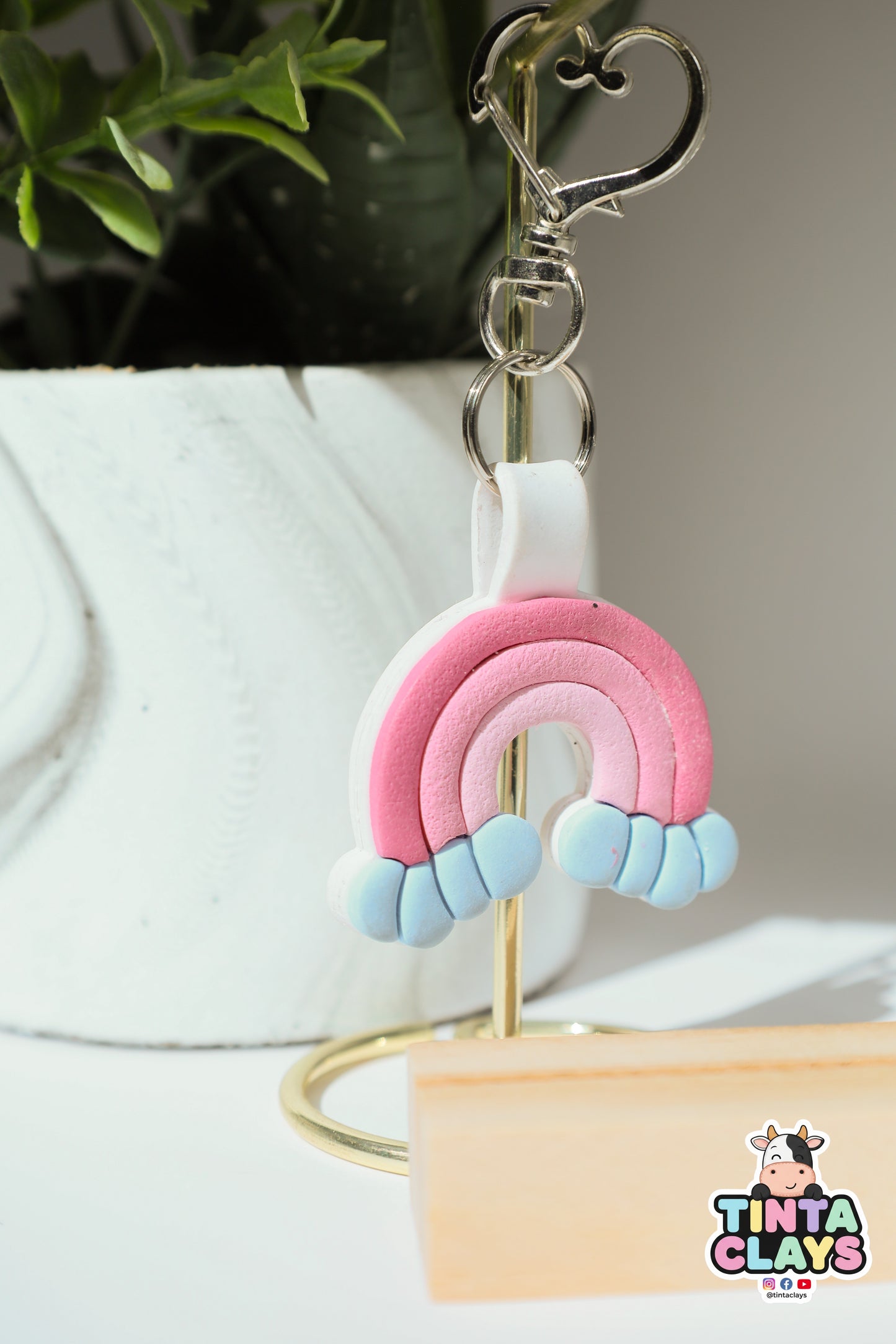 Pastel Pink Rainbow Polymer Clay Keychain
