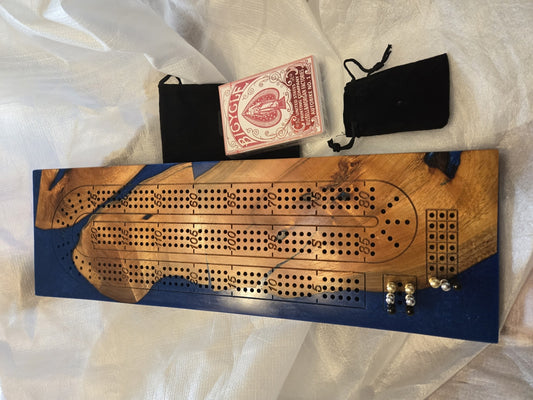 Plum &amp;amp; Resin cribbage board with metal pegs and cards