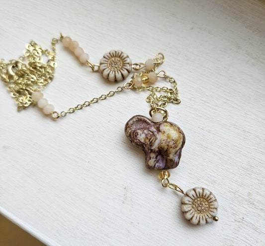 Raspberry Cream Czech Picasso Elephant and Bronzed Ivory Sunflower Necklace