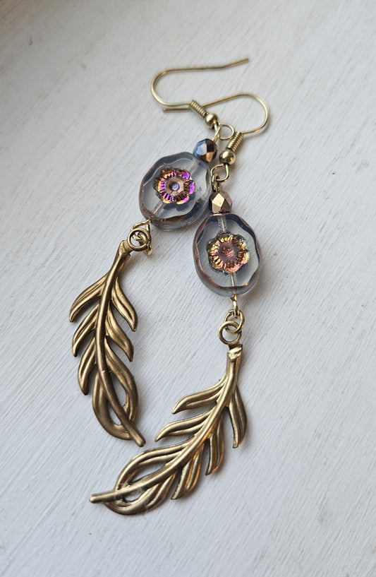 Smokey Oval Czech Flower Bead with Brass Feather Earrings