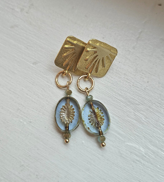 Square Gold  Tone Sunburst and Blue Kiwi Czech Bead Earrings