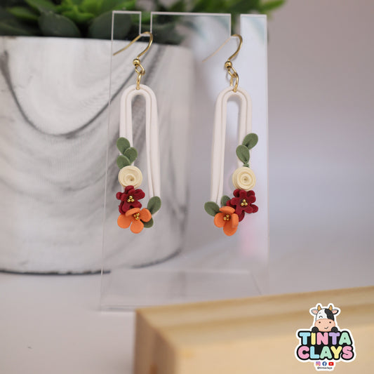 White Arch Floral Polymer Clay Dangle Earrings
