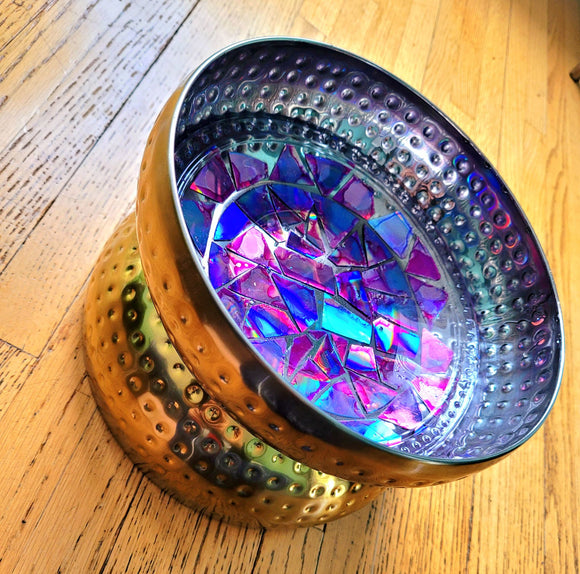 Gold, Re-cycled Disc, Mosaic, Glass, and Resin Birdbath - 1