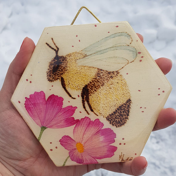 Hexagon Bee & Cosmos Wood Burning - 1
