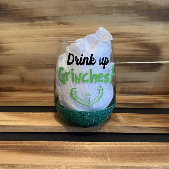 Drink Up Grinches Glitter Stemless - HandmadeSask