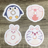 Set of 12 Animal Donut 2.7"-3.5" Vinyl Water Resistant Stickers/Decals - HandmadeSask
