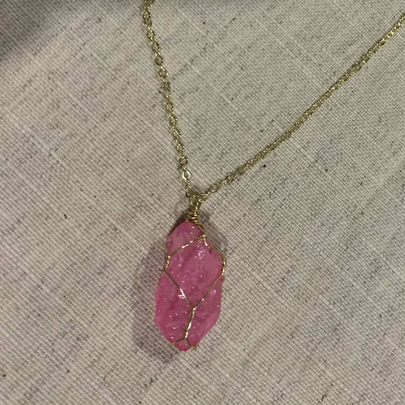 Pink Quartz Gold Wire Wrapped Necklace